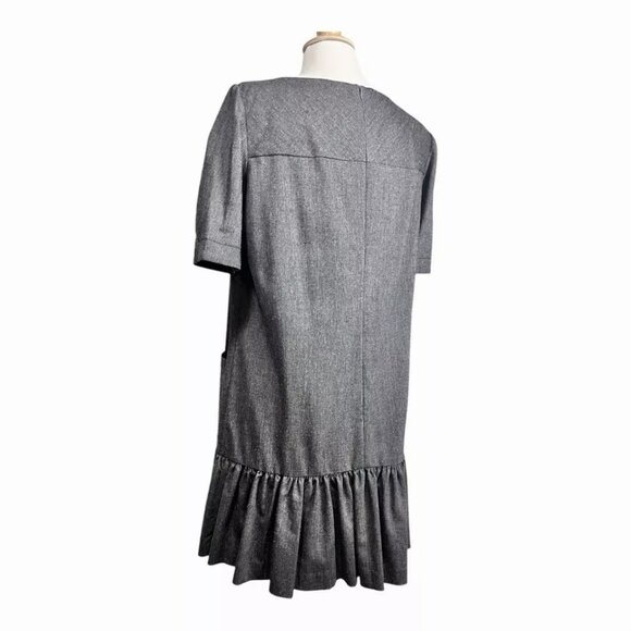 Trina Turk Shift Dress 10 Knit Wool Blend Gray Gold Pockets Ruffle Pleat USA - Picture 3 of 9